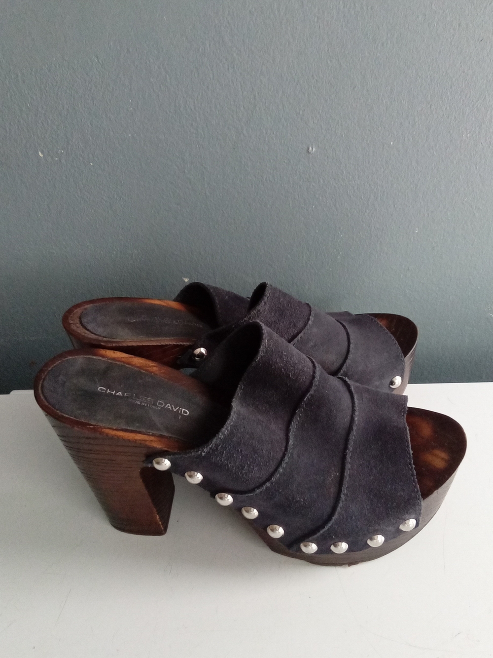 Charles David Navy Suede Studded Wooden Platform Clogs Made in Italy